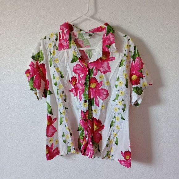 Two Palms Women's Hawaiian Button Down Shirt Plumeria Orchids size XL - Picture 4 of 9